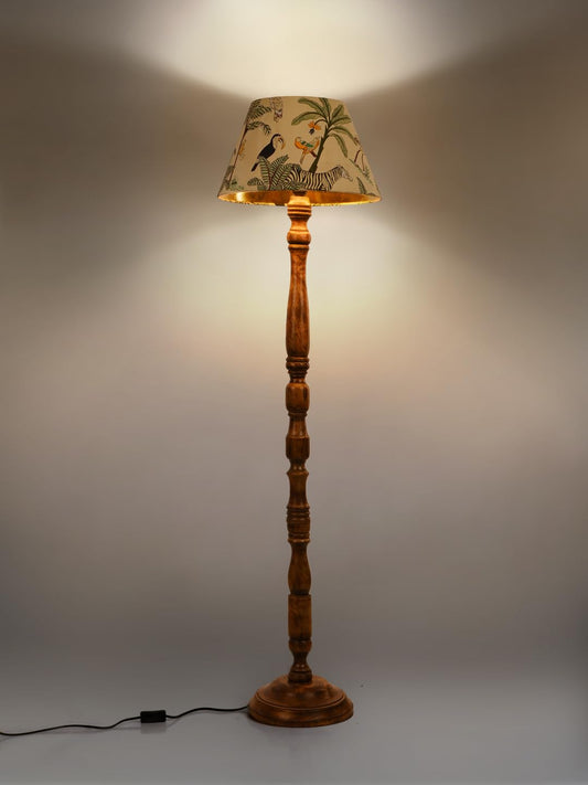 Green Girgit Wwoden Floor Lamp in Walnut Brown Color with Multicolor Taper Green Lamp Shade | Light Decoration for Home | Living Room & Bedroom Bedside Floor Lamp | Wooden Lamp