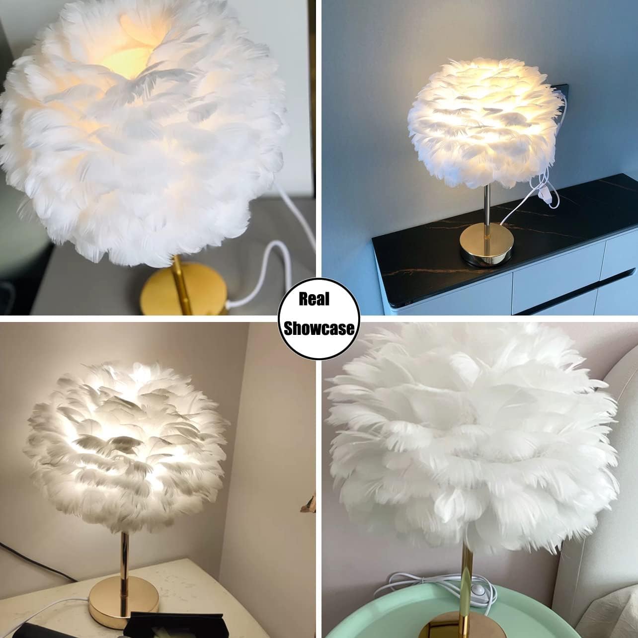 1Pcs, Premium Feather Table Lamp, White Feather Decor Bedside Light, Modern Elegant Desk Lamp Night Light for Bedroom, Living Room, Children Room, Office