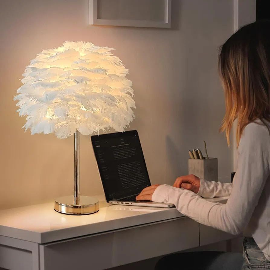 1Pcs, Premium Feather Table Lamp, White Feather Decor Bedside Light, Modern Elegant Desk Lamp Night Light for Bedroom, Living Room, Children Room, Office