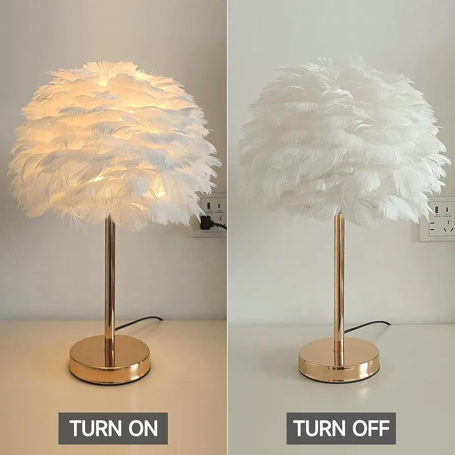 1Pcs, Premium Feather Table Lamp, White Feather Decor Bedside Light, Modern Elegant Desk Lamp Night Light for Bedroom, Living Room, Children Room, Office