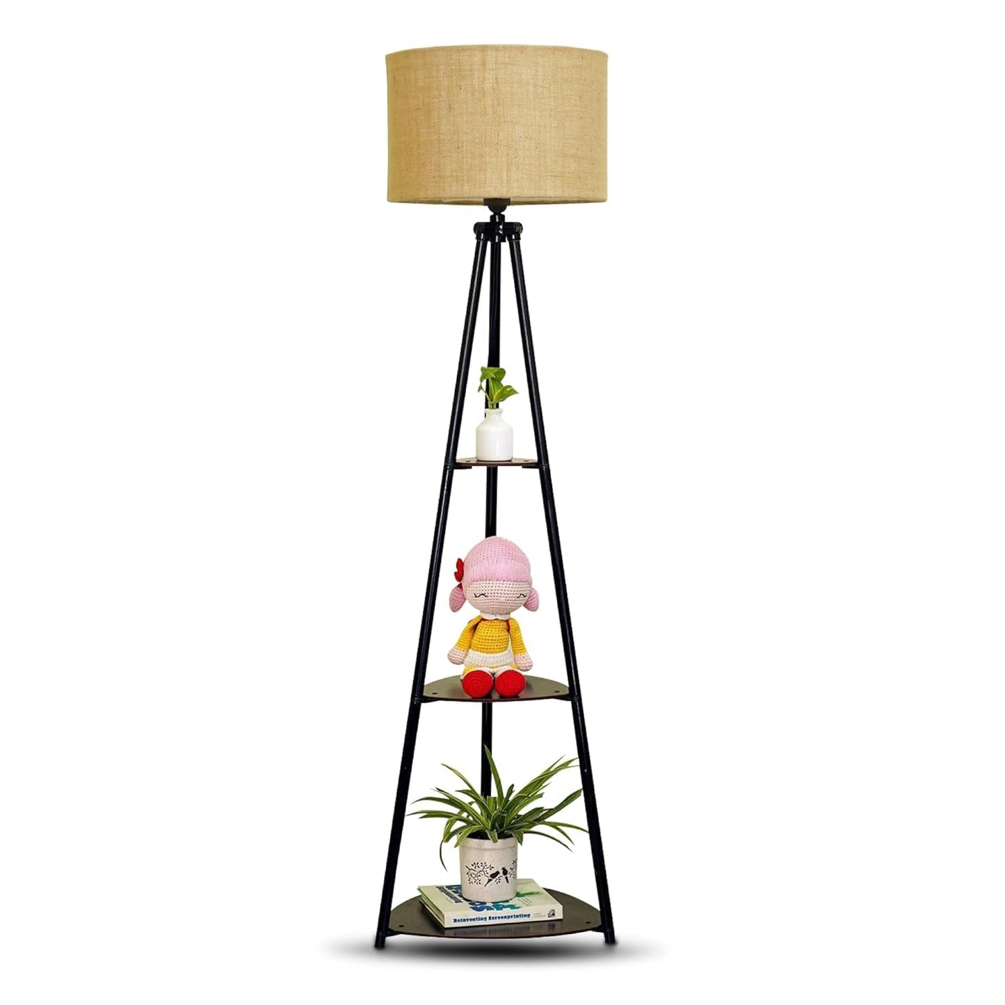 Crosscut Furniture LED Tripod Floor Lamp with 3 Shelves, Brown Jute, Metal Corner Floor Lamp, for Decoration and Gifting