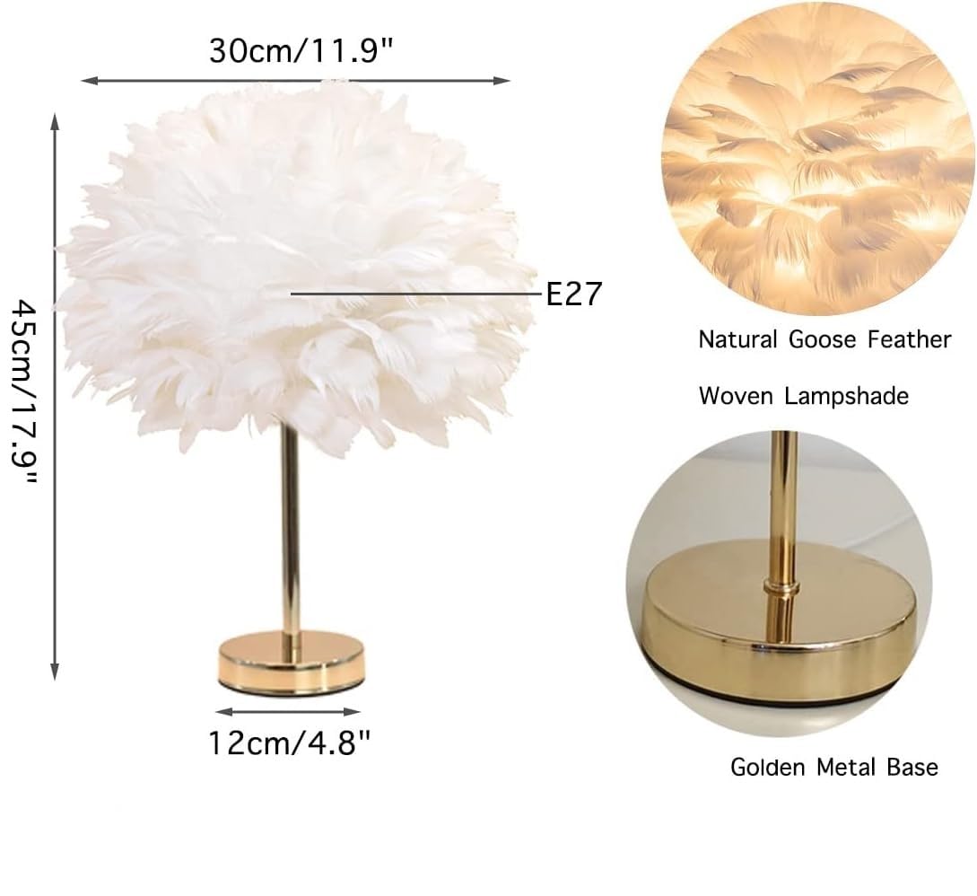 1Pcs, Premium Feather Table Lamp, White Feather Decor Bedside Light, Modern Elegant Desk Lamp Night Light for Bedroom, Living Room, Children Room, Office