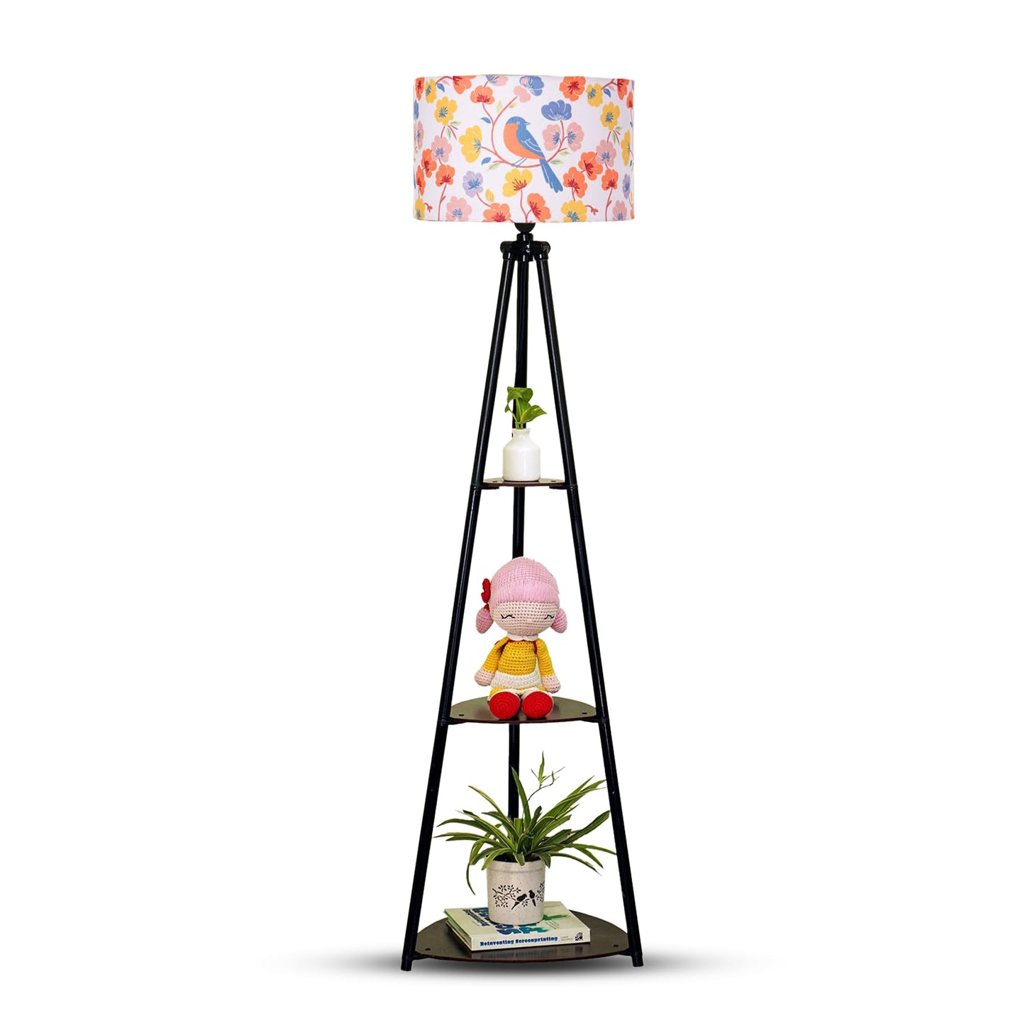 Crosscut Furniture LED Tripod Floor Lamp with 3 Shelves, Brown Jute, Metal Corner Floor Lamp, for Decoration and Gifting