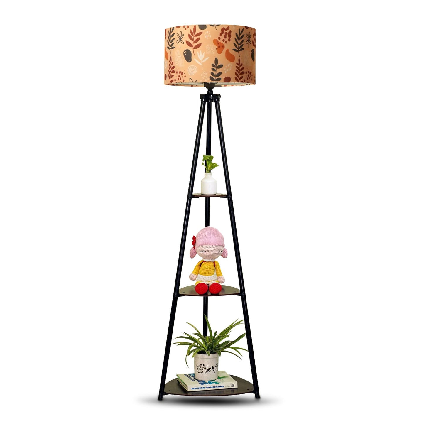 Crosscut Furniture LED Tripod Floor Lamp with 3 Shelves, Brown Jute, Metal Corner Floor Lamp, for Decoration and Gifting