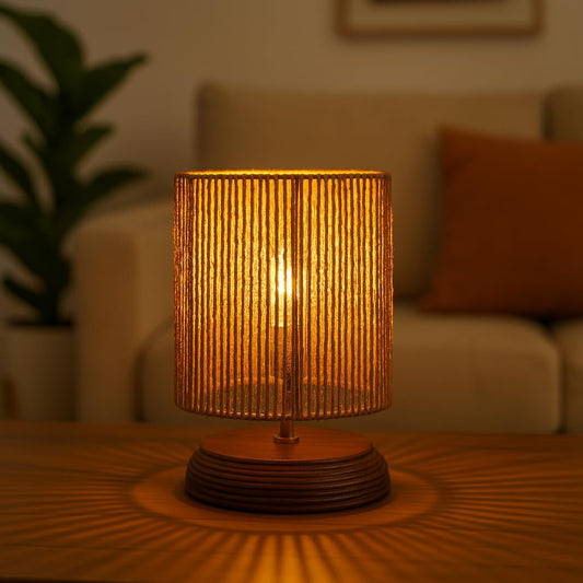 Wood Boho Raffia Incandescent Table Lamp I Night Lamp for Bedroom Bedside & Center Table Lamp for Restaurant I Office Desk Lamp I I Home Decor Items I Size 21.5 x 12.9 cm, Brown