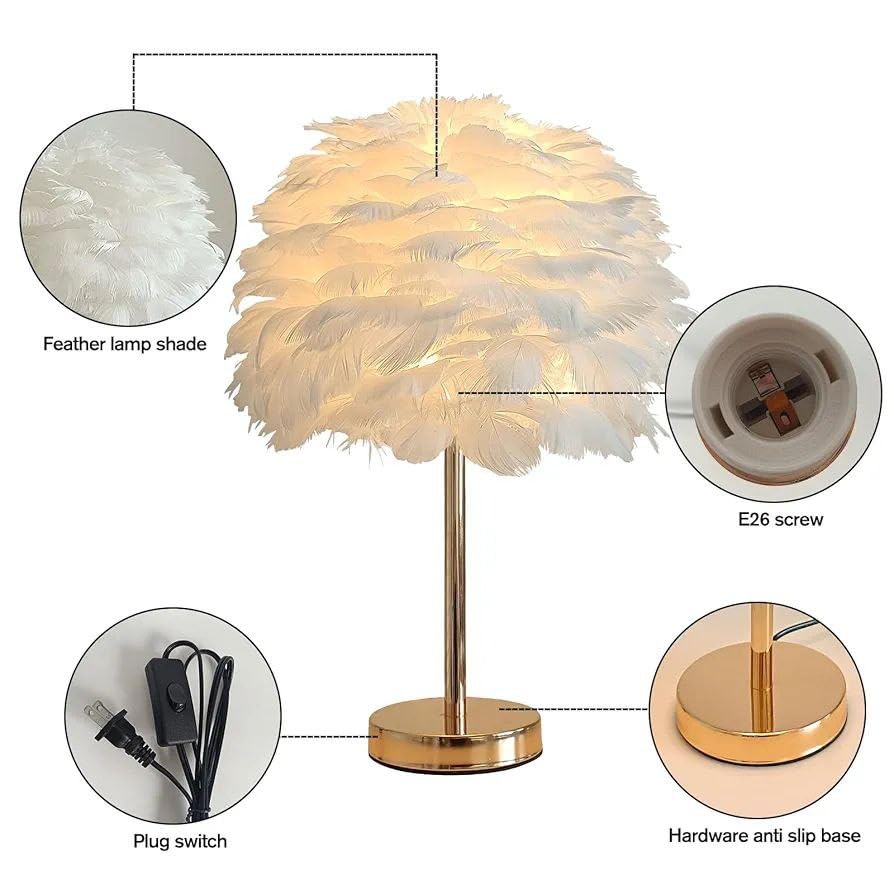 1Pcs, Premium Feather Table Lamp, White Feather Decor Bedside Light, Modern Elegant Desk Lamp Night Light for Bedroom, Living Room, Children Room, Office