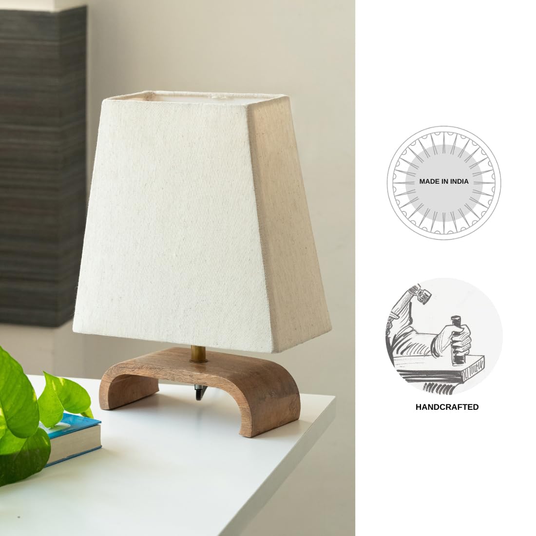 ExclusiveLane 'Geometry' Mango Wooden Table Lamp for Bedroom (13.1 Inch, Without Bulb, Pack of 1) | CFL/LED Table Lamp for Living Room Decoration Bedside Lamp Bedside Lamps for Bedroom Bed Side Lamp