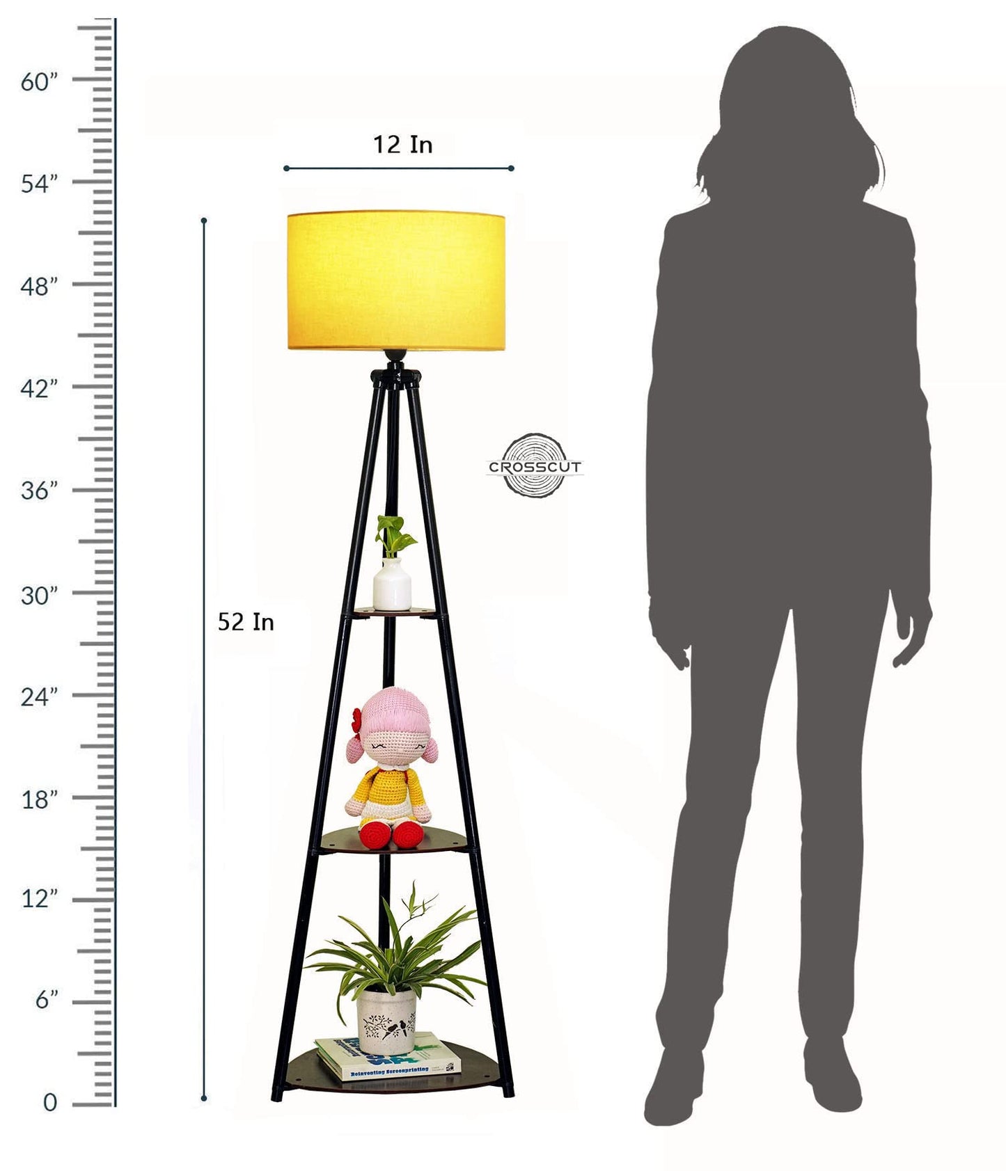 Crosscut Furniture LED Tripod Floor Lamp with 3 Shelves, Brown Jute, Metal Corner Floor Lamp, for Decoration and Gifting