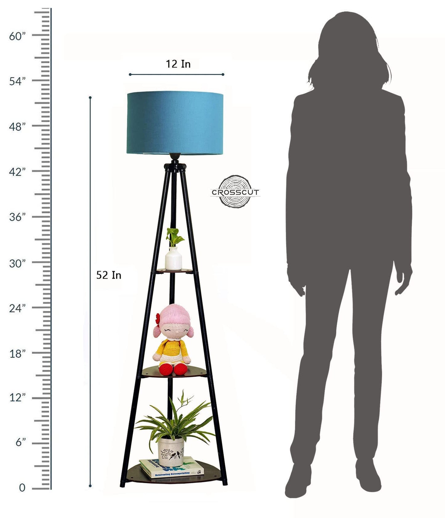 Crosscut Furniture LED Tripod Floor Lamp with 3 Shelves, Brown Jute, Metal Corner Floor Lamp, for Decoration and Gifting