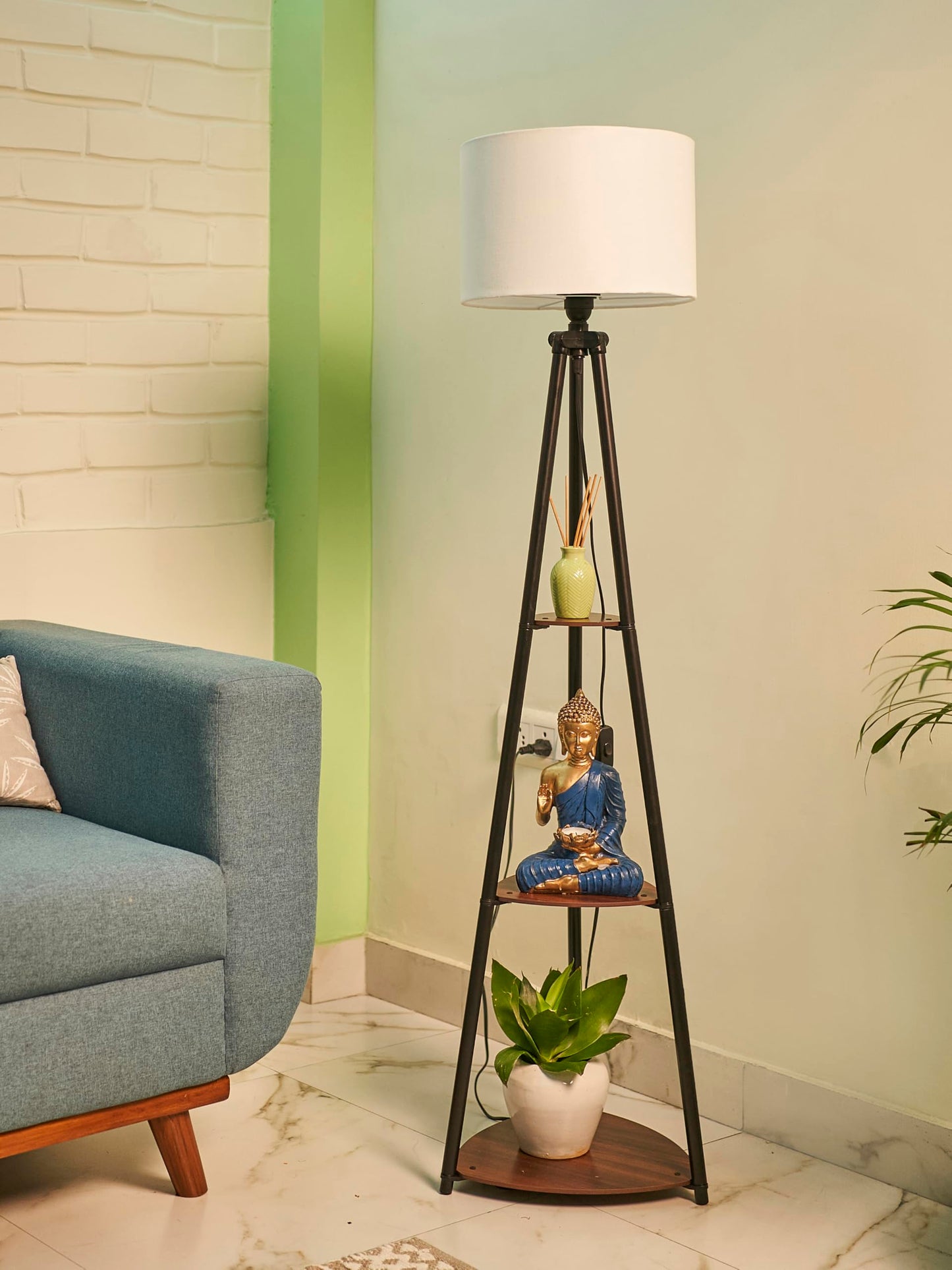 Crosscut Furniture LED Tripod Floor Lamp with 3 Shelves, Brown Jute, Metal Corner Floor Lamp, for Decoration and Gifting