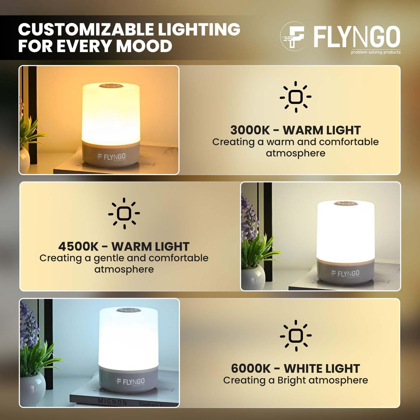 FLYNGO Touch Control LED Night Light Table Lamp for Bedroom, Living Room, and Study, with Adjustable Brightness, USB Rechargeable (A1)Plastic ,White
