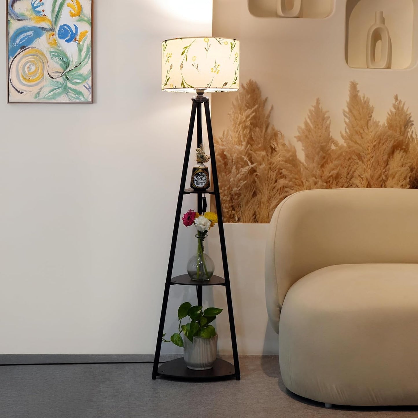 Crosscut Furniture LED Tripod Floor Lamp with 3 Shelves, Brown Jute, Metal Corner Floor Lamp, for Decoration and Gifting