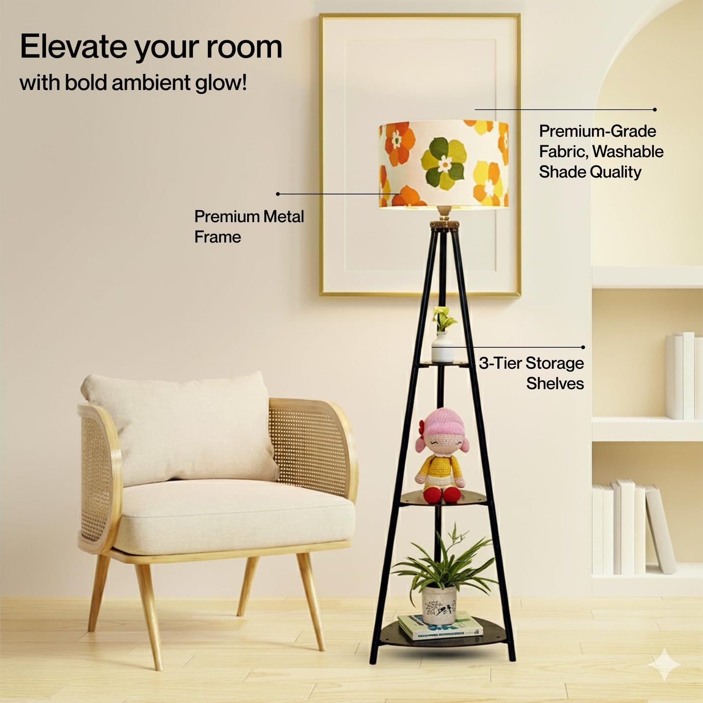 Crosscut Furniture LED Tripod Floor Lamp with 3 Shelves, Brown Jute, Metal Corner Floor Lamp, for Decoration and Gifting