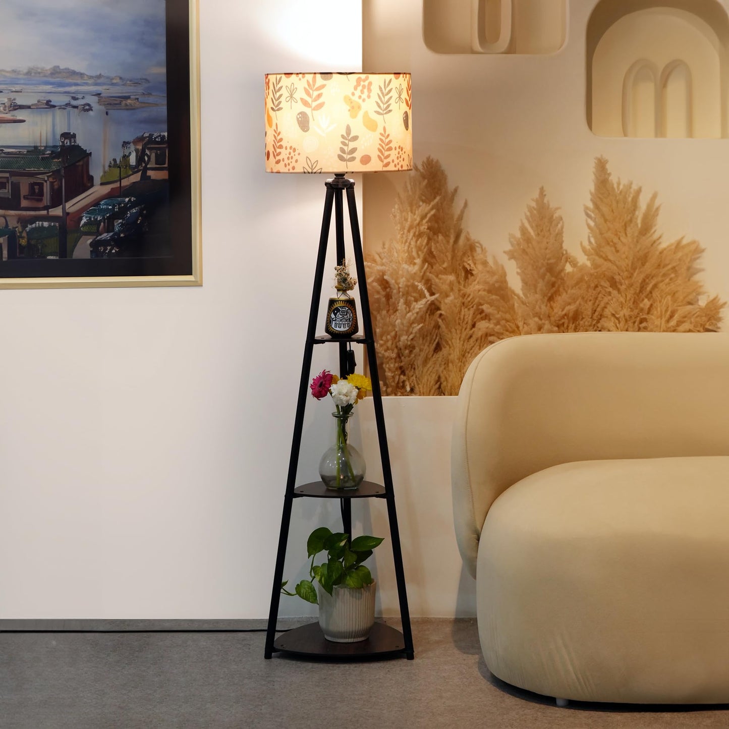 Crosscut Furniture LED Tripod Floor Lamp with 3 Shelves, Brown Jute, Metal Corner Floor Lamp, for Decoration and Gifting