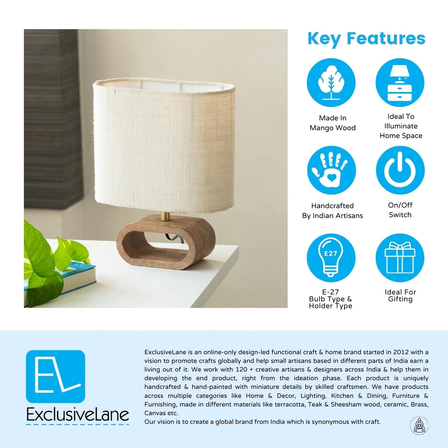 ExclusiveLane 'Geometry' Mango Wooden Table Lamp for Bedroom (13.1 Inch, Without Bulb, Pack of 1) | CFL/LED Table Lamp for Living Room Decoration Bedside Lamp Bedside Lamps for Bedroom Bed Side Lamp