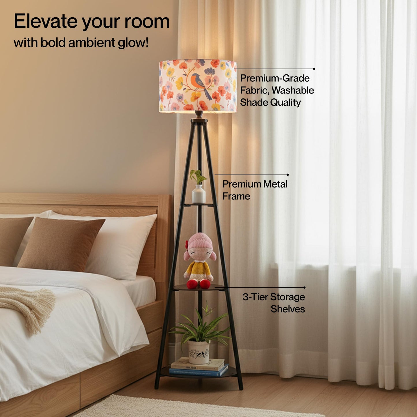 Crosscut Furniture LED Tripod Floor Lamp with 3 Shelves, Brown Jute, Metal Corner Floor Lamp, for Decoration and Gifting