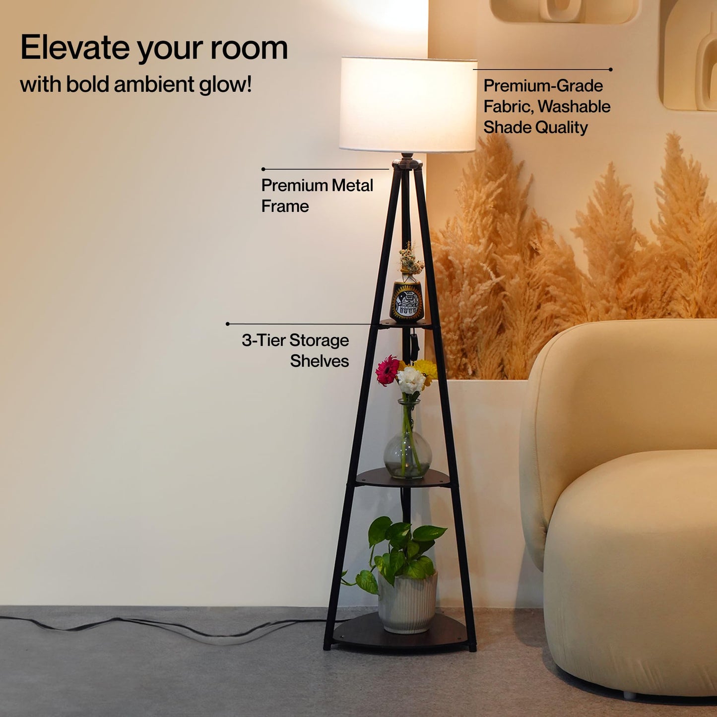 Crosscut Furniture LED Tripod Floor Lamp with 3 Shelves, Brown Jute, Metal Corner Floor Lamp, for Decoration and Gifting