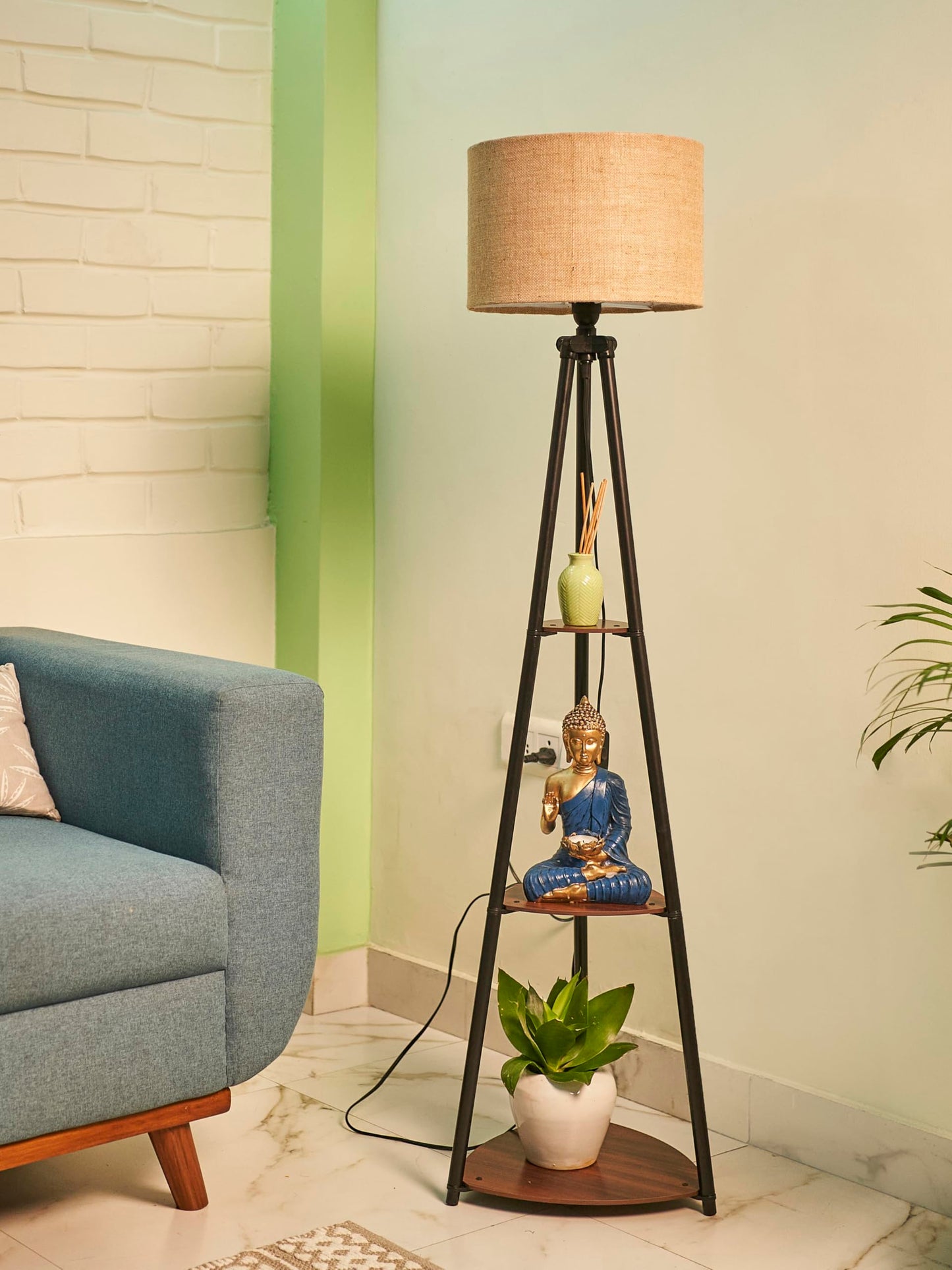 Crosscut Furniture LED Tripod Floor Lamp with 3 Shelves, Brown Jute, Metal Corner Floor Lamp, for Decoration and Gifting