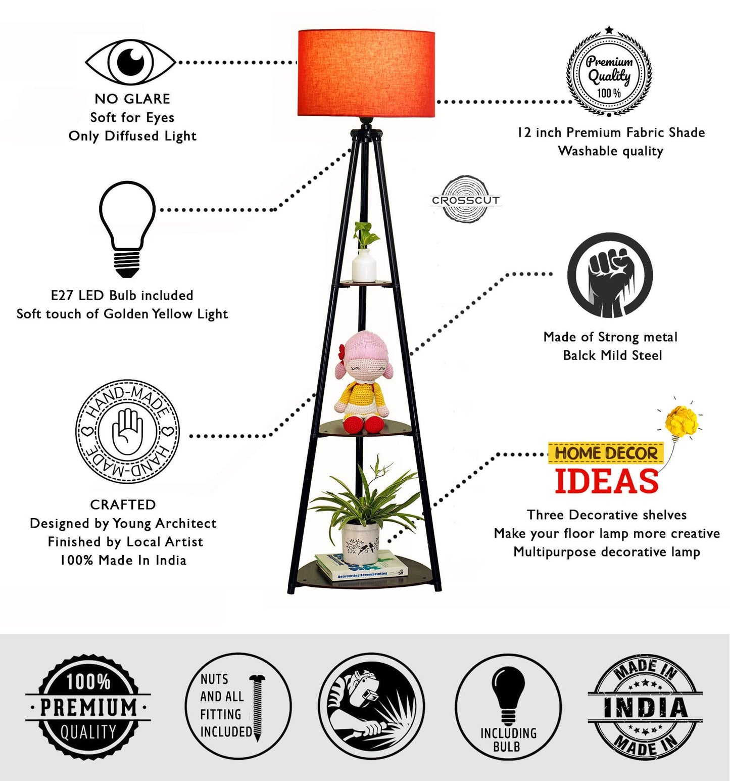 Crosscut Furniture LED Tripod Floor Lamp with 3 Shelves, Brown Jute, Metal Corner Floor Lamp, for Decoration and Gifting