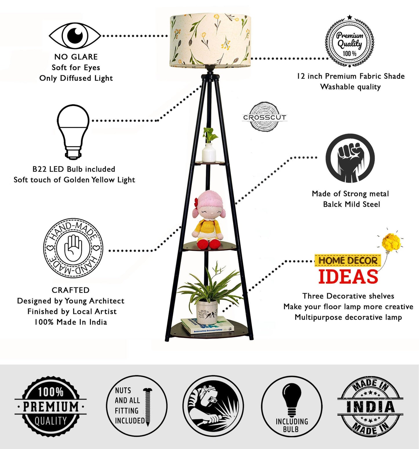 Crosscut Furniture LED Tripod Floor Lamp with 3 Shelves, Brown Jute, Metal Corner Floor Lamp, for Decoration and Gifting