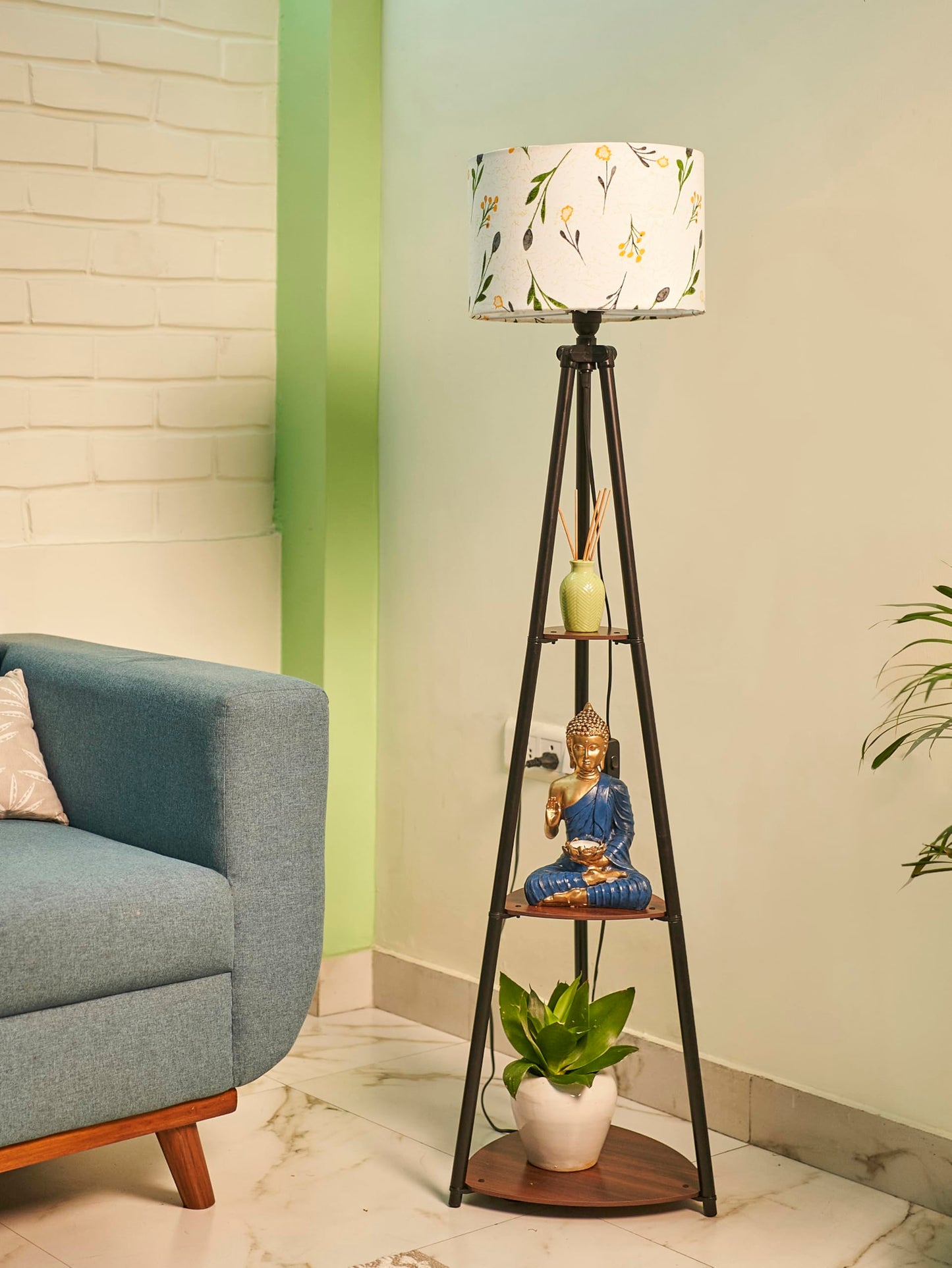 Crosscut Furniture LED Tripod Floor Lamp with 3 Shelves, Brown Jute, Metal Corner Floor Lamp, for Decoration and Gifting