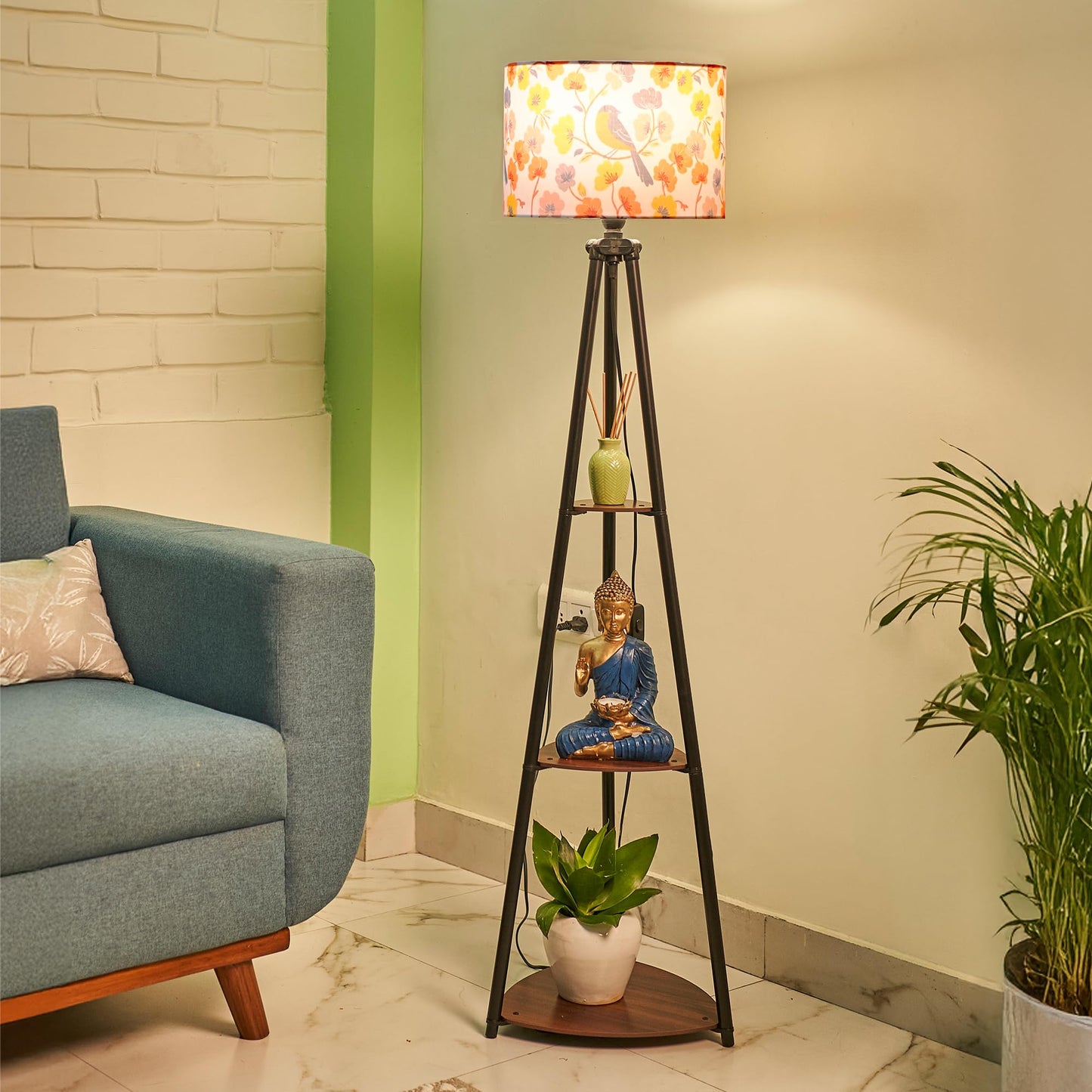 Crosscut Furniture LED Tripod Floor Lamp with 3 Shelves, Brown Jute, Metal Corner Floor Lamp, for Decoration and Gifting