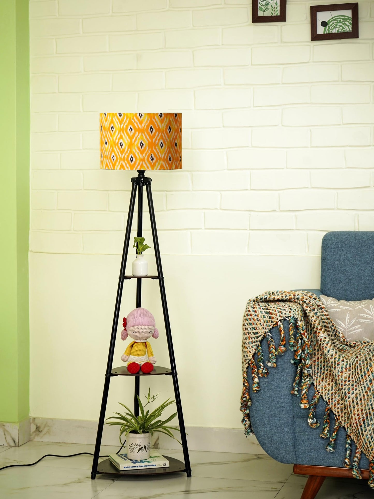 Crosscut Furniture LED Tripod Floor Lamp with 3 Shelves, Brown Jute, Metal Corner Floor Lamp, for Decoration and Gifting