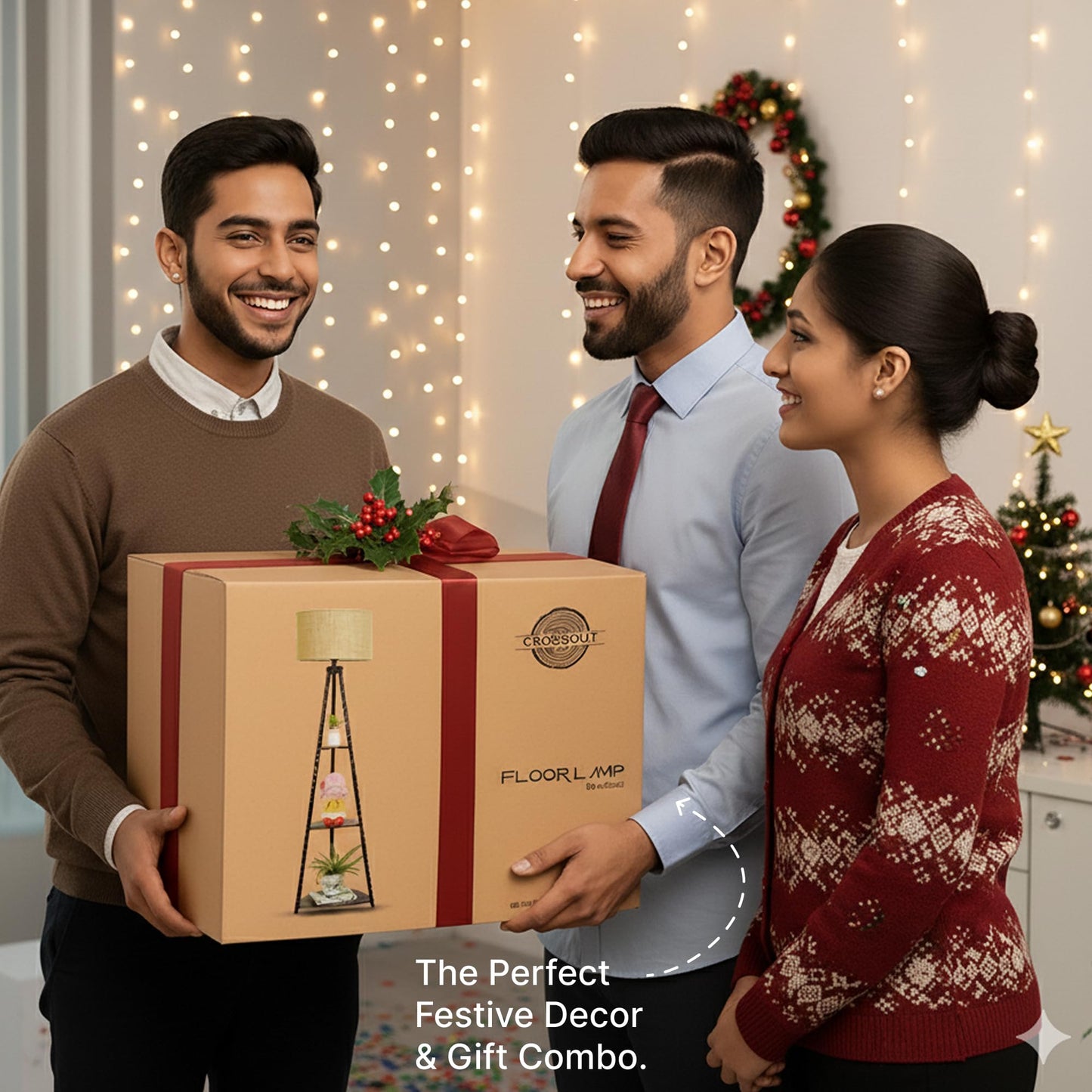 Crosscut Furniture LED Tripod Floor Lamp with 3 Shelves, Brown Jute, Metal Corner Floor Lamp, for Decoration and Gifting