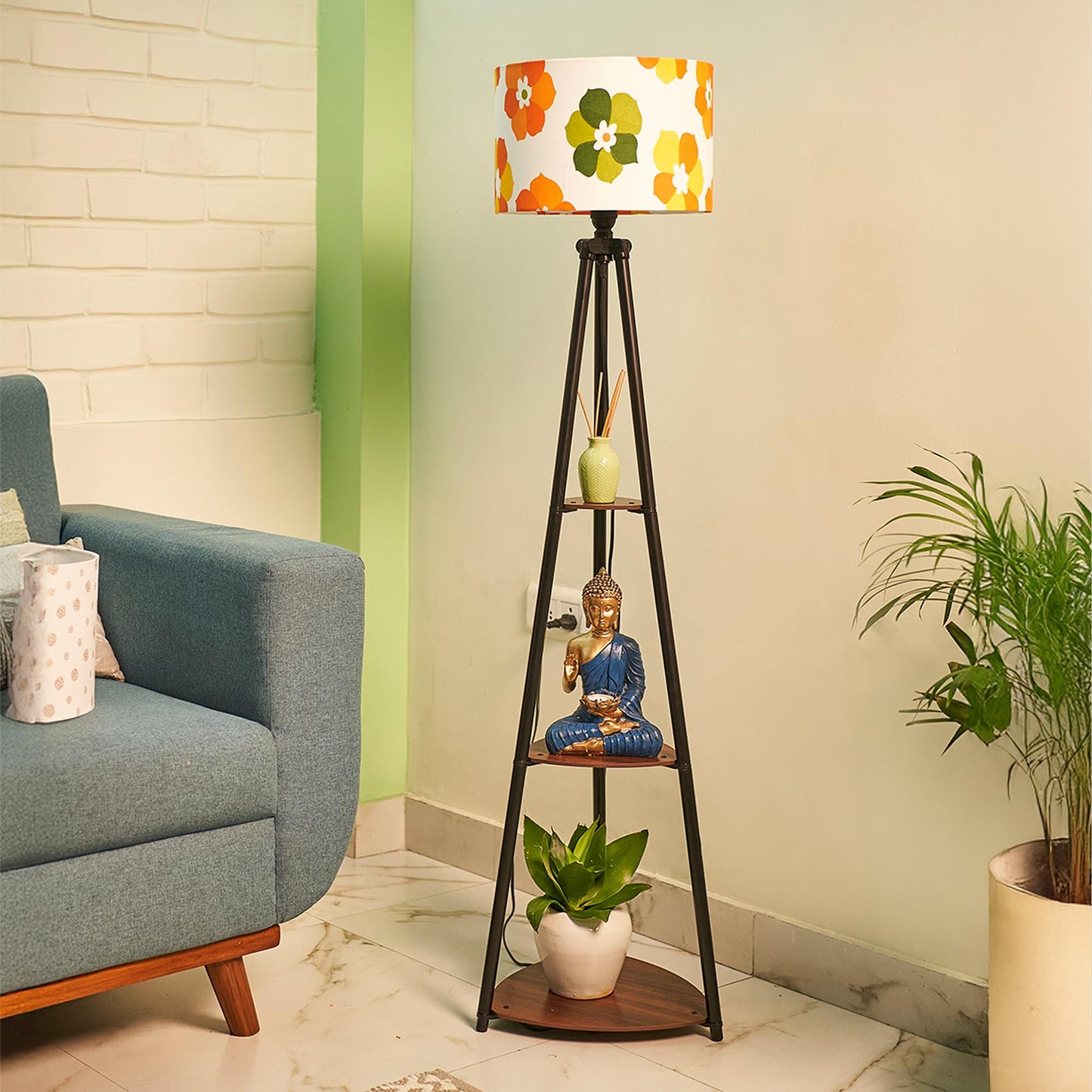 Crosscut Furniture LED Tripod Floor Lamp with 3 Shelves, Brown Jute, Metal Corner Floor Lamp, for Decoration and Gifting
