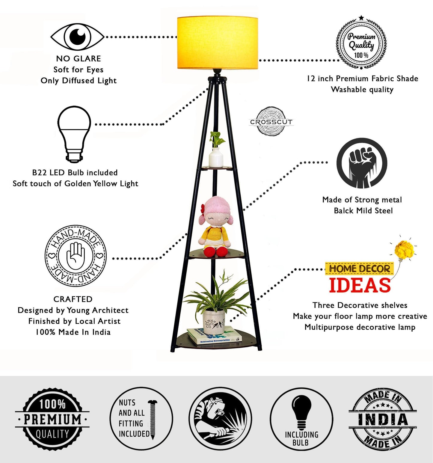 Crosscut Furniture LED Tripod Floor Lamp with 3 Shelves, Brown Jute, Metal Corner Floor Lamp, for Decoration and Gifting