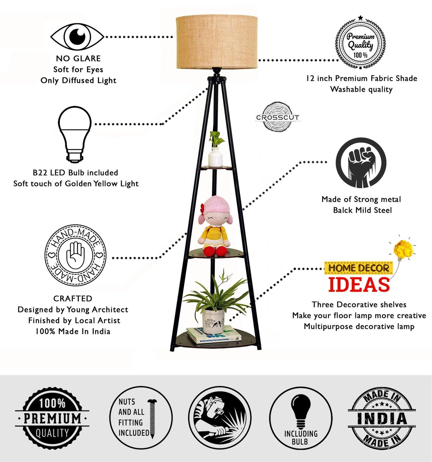 Crosscut Furniture LED Tripod Floor Lamp with 3 Shelves, Brown Jute, Metal Corner Floor Lamp, for Decoration and Gifting