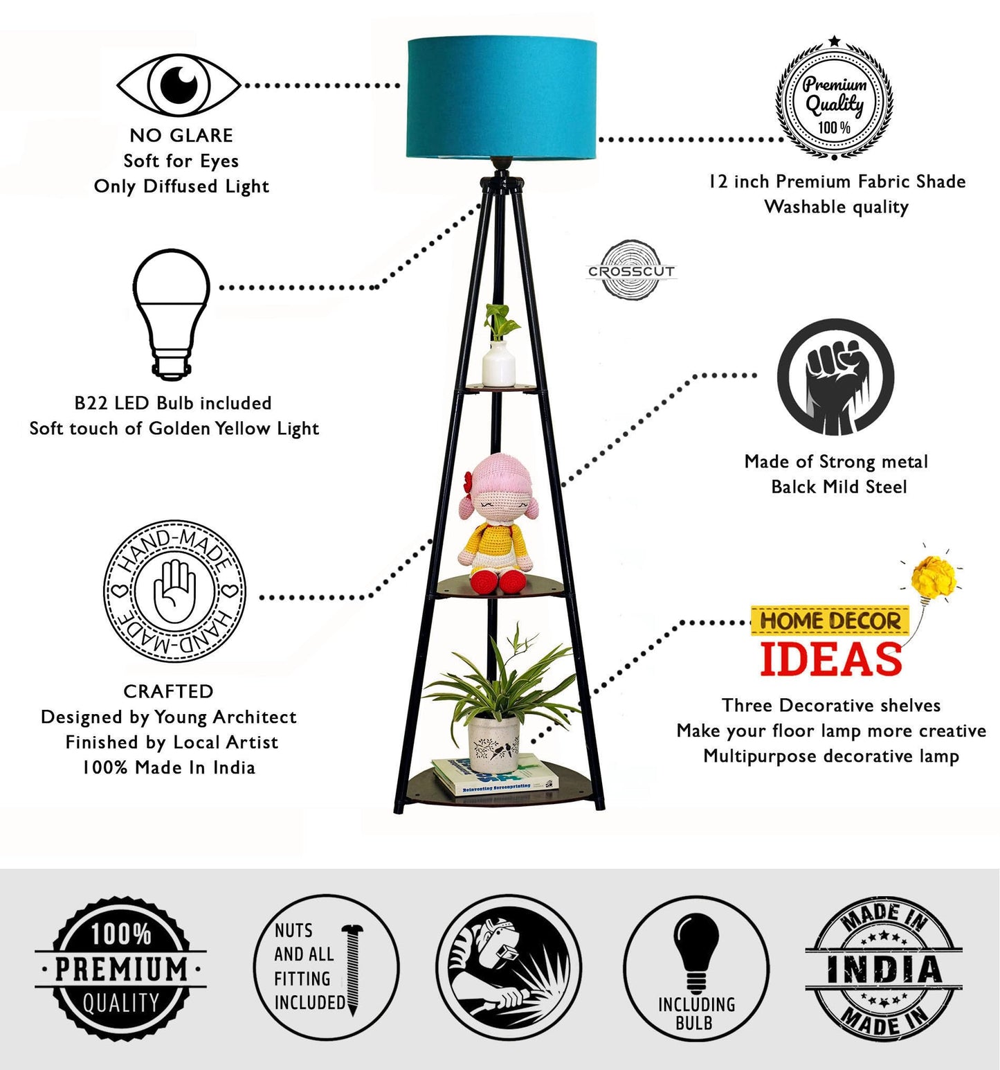 Crosscut Furniture LED Tripod Floor Lamp with 3 Shelves, Brown Jute, Metal Corner Floor Lamp, for Decoration and Gifting