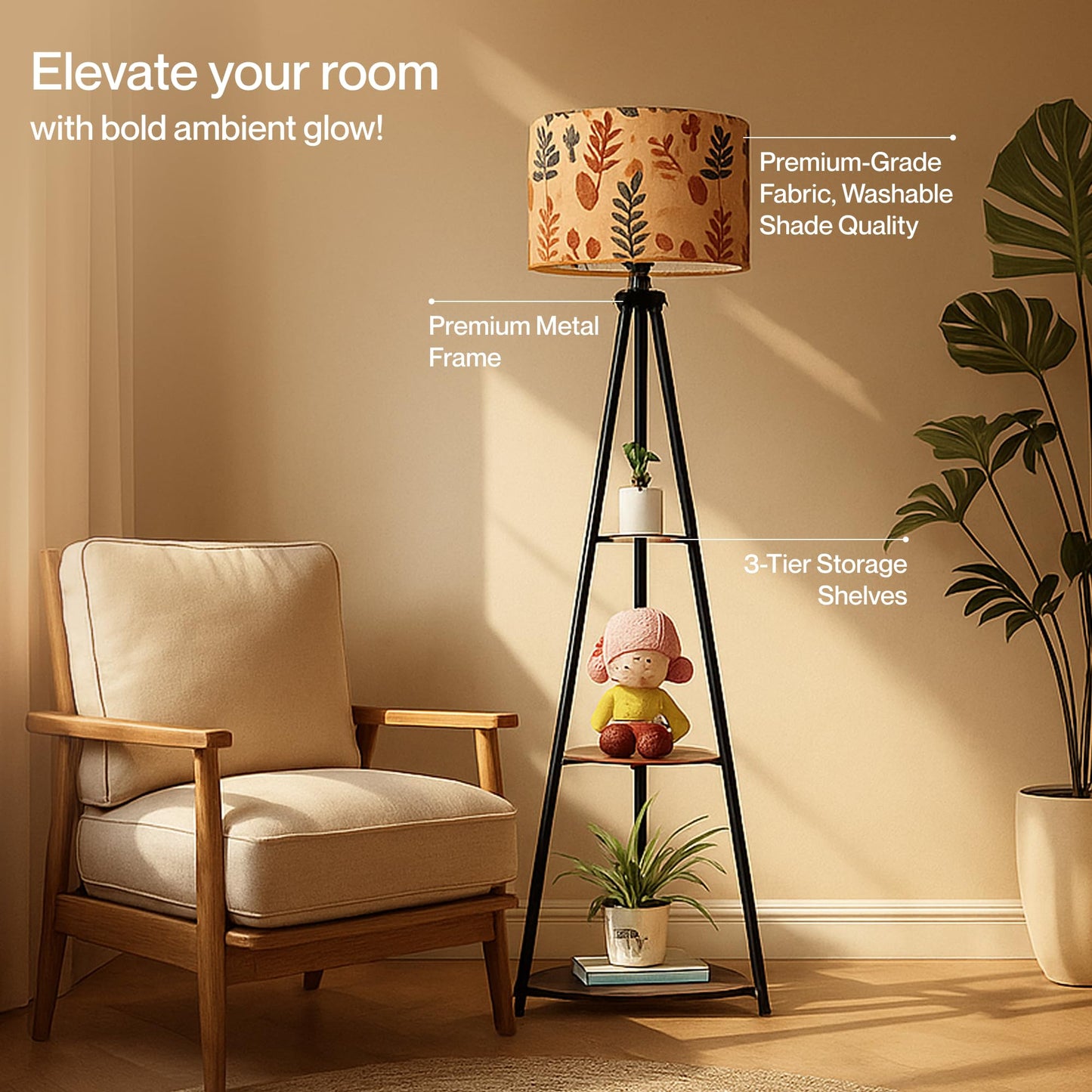 Crosscut Furniture LED Tripod Floor Lamp with 3 Shelves, Brown Jute, Metal Corner Floor Lamp, for Decoration and Gifting