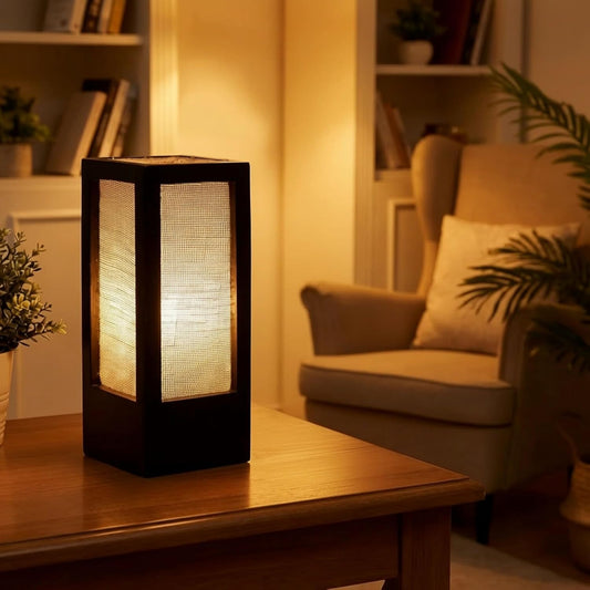 make in modern Handcrafted Wooden Table Lamp with Natural Jute Shade – Rectangular Black Finish Lamp for Bedside, Living Room, Desk – 11 Inches – Made in India (Bulb Not Included)
