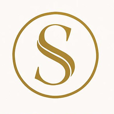 Gold logo with a stylized letter 'S' on a white background